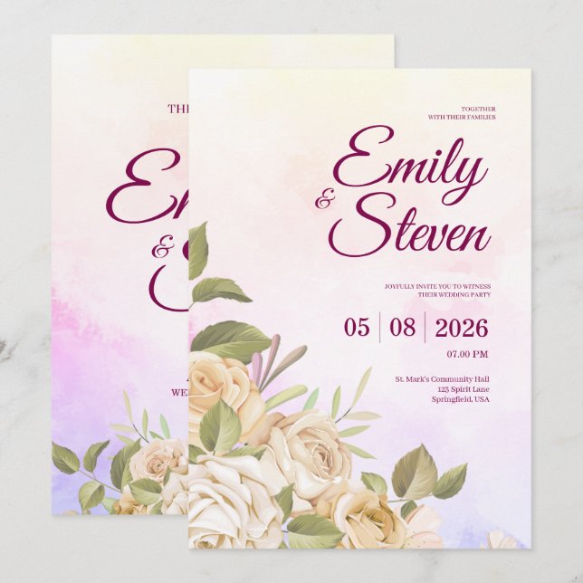 Convites Casamento Elegância com Aquarela Rosa e Roxa (Frente/Verso)