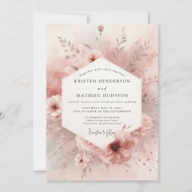 Convites Casamento Elegância Flor Rosa Empoeirada (Frente)