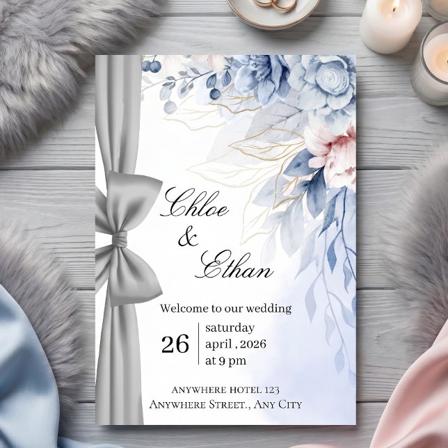 Convites Casamento Elegância Floral Azul (Criador carregado)