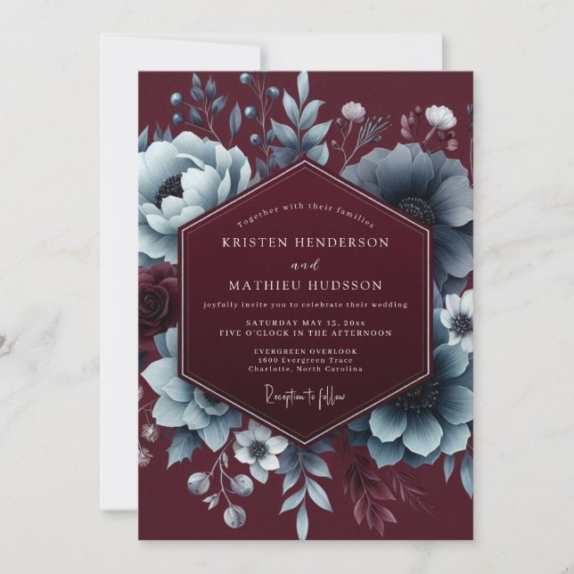 Convites Casamento Elegância Floral Burgundy Moody (Frente)