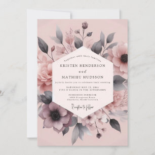 Convites Casamento Elegância Floral Carvão Rosado