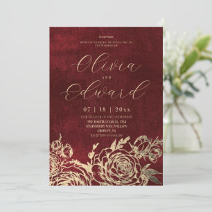 Convites Casamento Elegância Floral Dourado Borgonha