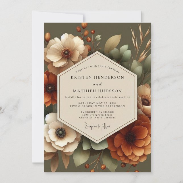 Convites Casamento Elegância Floral Outonal Âmbar (Frente)