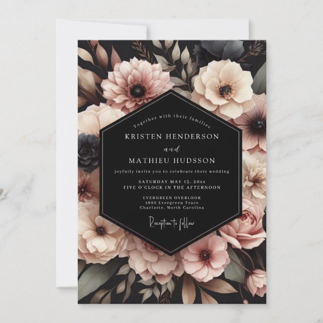 Convites Casamento Elegância Floral Rosa Corado (Frente)