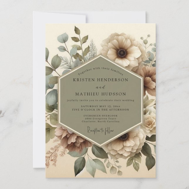 Convites Casamento Elegância Floral Verde Oliva (Frente)