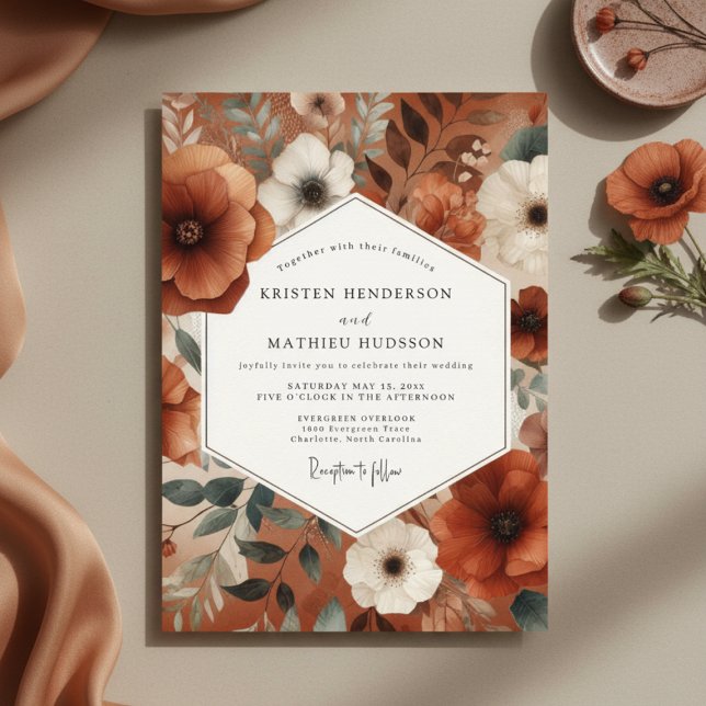 Convites Casamento Elegância Outonal Floral Laranja Queimad (Criador carregado)
