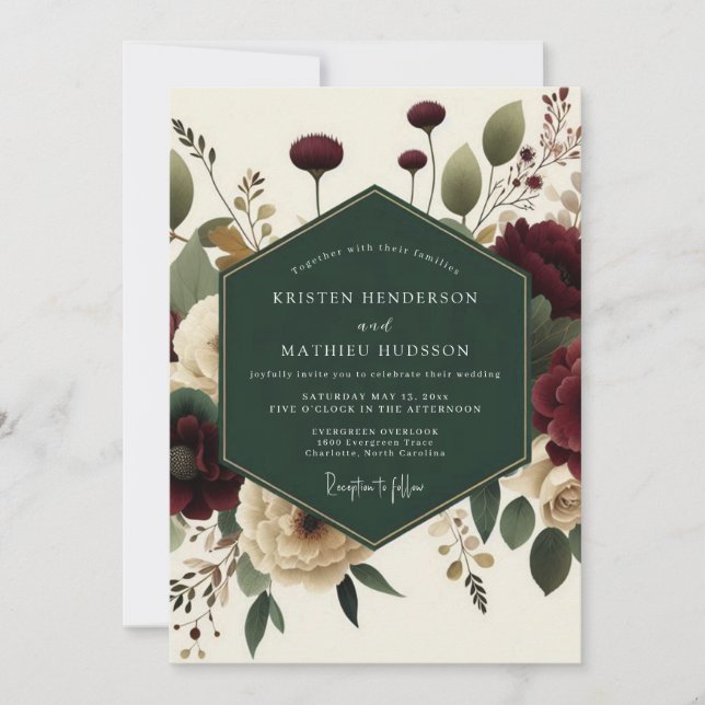 Convites Casamento Elegância Romântica Maroon Bloom (Frente)