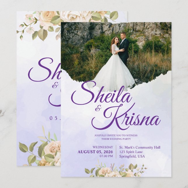 Convites Casamento Elegância Roxa Floral com Foto (Frente/Verso)