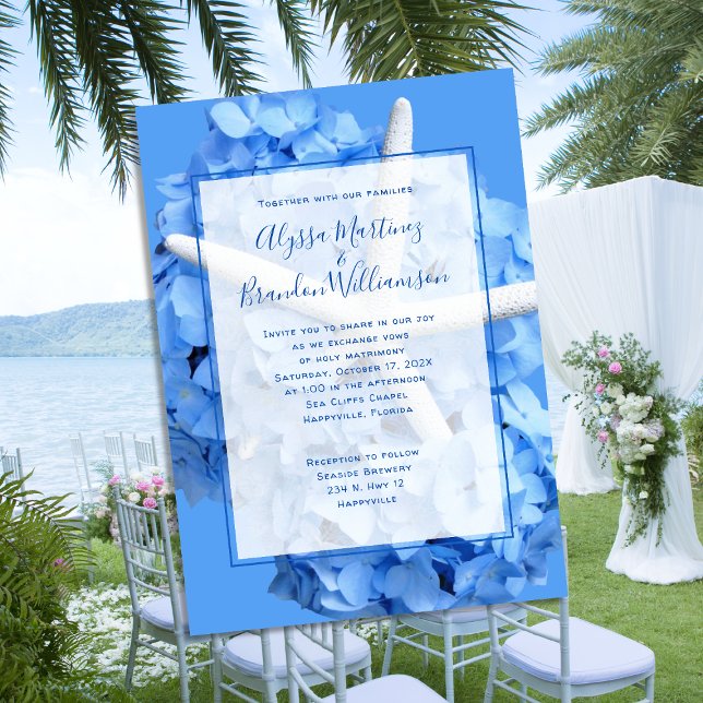 Convites Casamento Elegante à Beira-Mar Flores Azuis Estrel (Criador carregado)