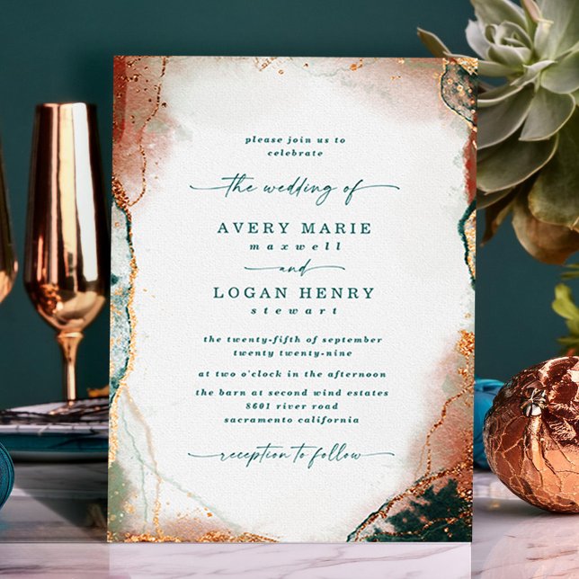 Convites Casamento Elegante Abstrato Watercolor Teal & Copp (Teal and Copper Abstract Wedding Invitations)