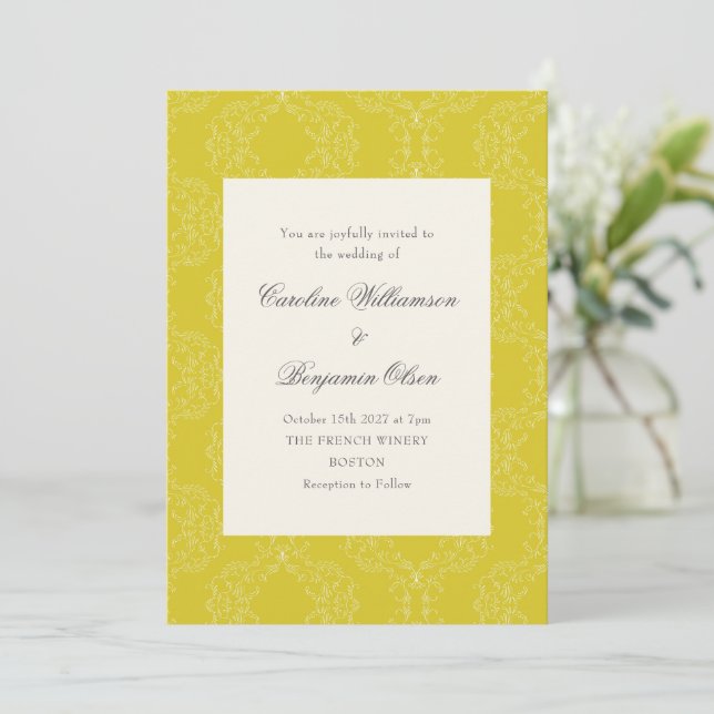 Convites Casamento Elegante Amarelo Amarelo Ornamentado Vin (Em pé/Frente)