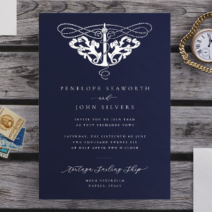 Convites Casamento Elegante Âncora Náutica Azul Marinho