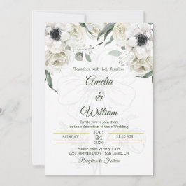Convites Casamento Elegante Anêmona Preto Branco Verde