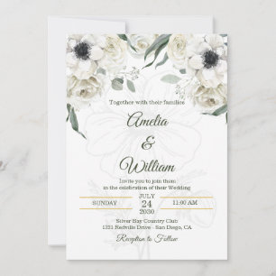 Convites Casamento Elegante Anêmona Preto Branco Verde
