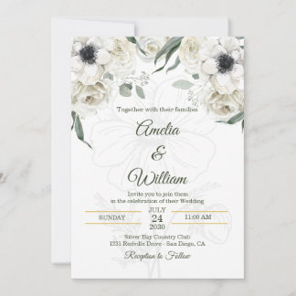Convites Casamento Elegante Anêmona Preto Branco Verde