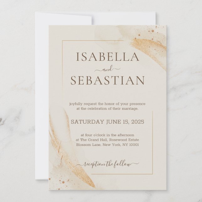 Convites Casamento Elegante Aquarela Marfim (Frente)