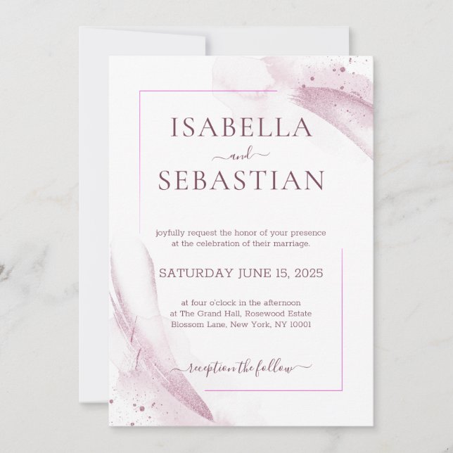 Convites Casamento Elegante Aquarela Rosa (Frente)