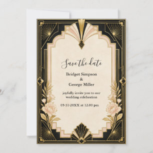Convites Casamento Elegante Art Déco com Peônia Dourada