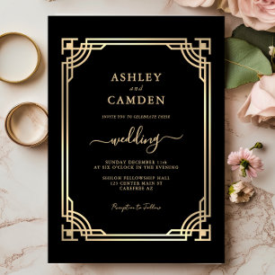 Convites Casamento Elegante Art Deco em Moldura Dourada