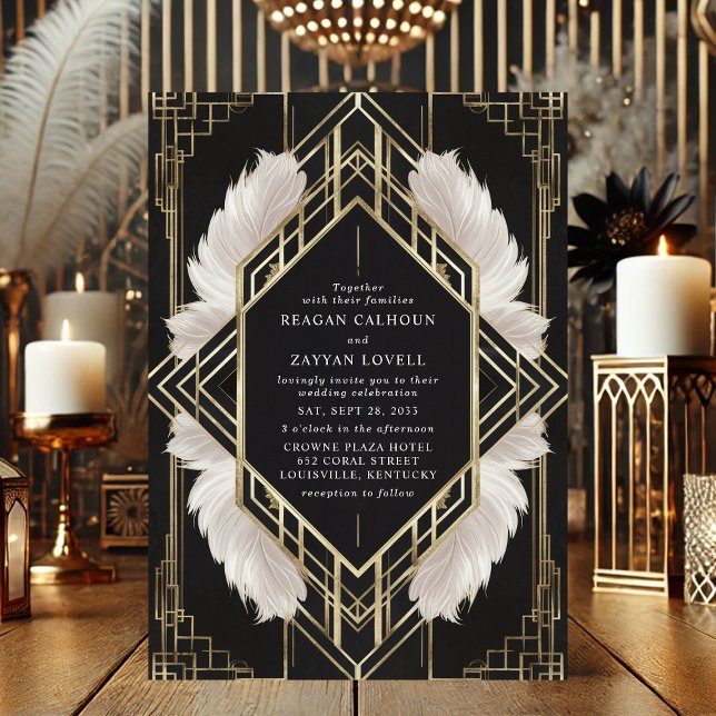 Convites Casamento Elegante Art Déco Preto e Dourado com Pe (Criador carregado)