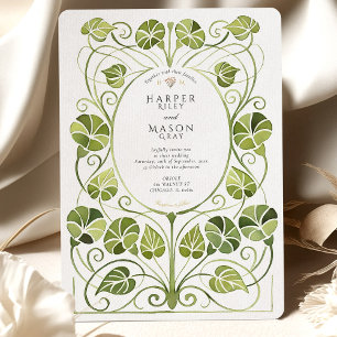 Convites Casamento Elegante Art Nouveau com Folhagem Verde