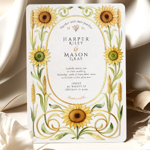 Convites Casamento Elegante Art Nouveau com Girassol e Trig