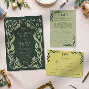 Convites Casamento Elegante Art Nouveau Musgo Verde Escuro