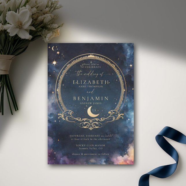 Convites Casamento Elegante Azul Celestial Waters Midnight (celestial wedding invitation elegant frame watercolor moon stars sky modern classic)