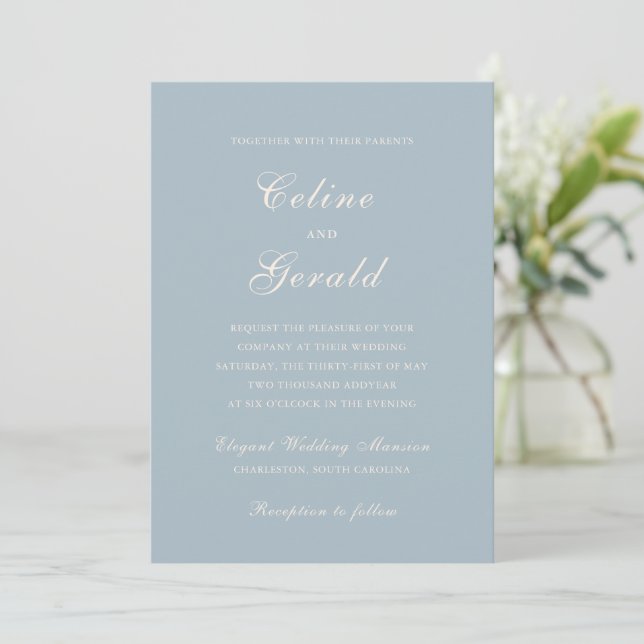 Convites Casamento Elegante Azul Clássico Muted (Em pé/Frente)