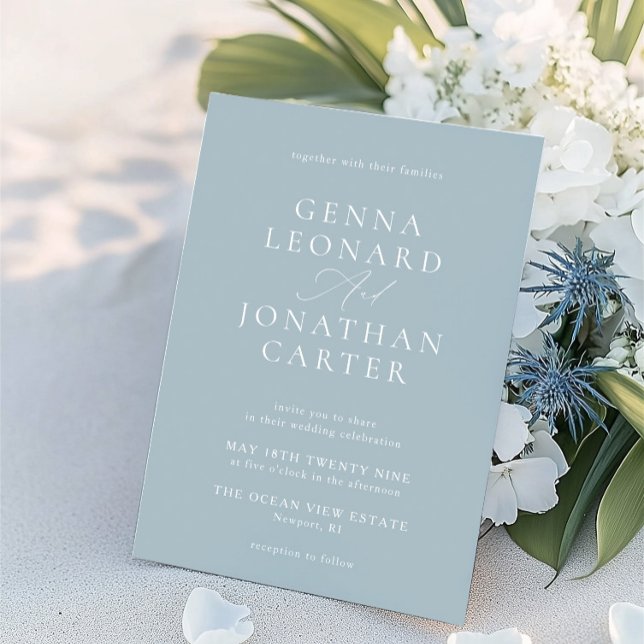 Convites Casamento Elegante Azul e Branco Simples (Simple Dusty Blue & White Elegant Wedding Invitation)