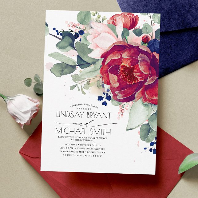 Convites Casamento Elegante Azul Floral Marinho Blush Burgu (Burgundy Red and Navy Blue Floral Wedding Invitations)