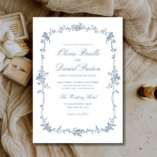 Convites Casamento Elegante Azul Floral-Vitoriano Francês