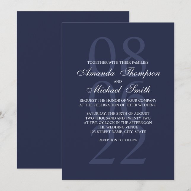 Convites Casamento Elegante Azul marinho (Frente/Verso)