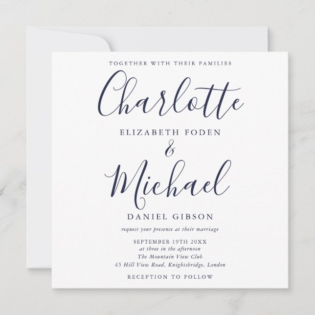 Convites Casamento Elegante Azul Marinho com Letra de Assin (Frente)