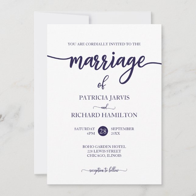 Convites Casamento Elegante Azul Marinho e Branco em Letra  (Frente)