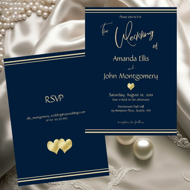 Convites Casamento Elegante Azul Marinho e Dourado com RSVP (Navy and Gold Elegant Wedding with RSVP Invitation)