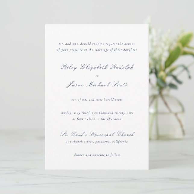 Convites Casamento Elegante Azul-Marinho Limpo (Em pé/Frente)