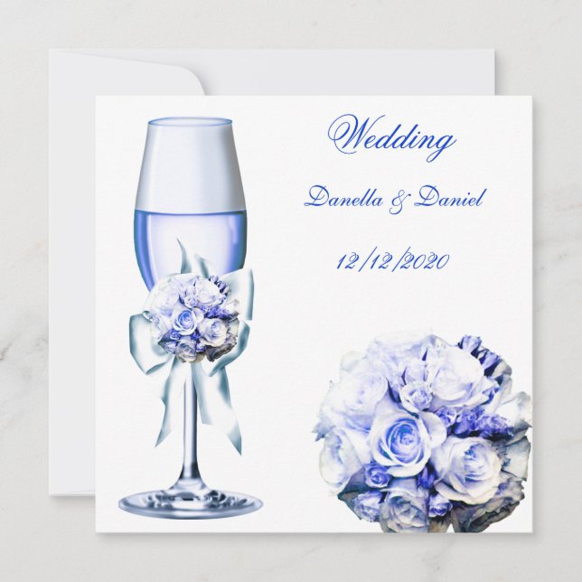 Convites Casamento Elegante Azul Navy Rosas Florais (Frente)