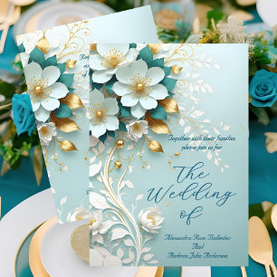Convites Casamento Elegante Azul Turquesa Branco Dourado Or