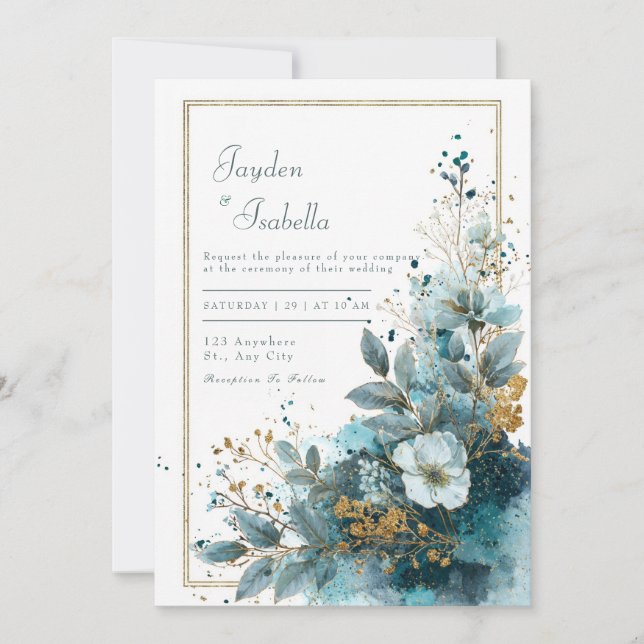 Convites Casamento Elegante Azure Blooms Watercolor (Frente)