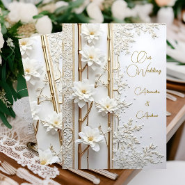 Convites Casamento Elegante Bambu Floral Ouro Branco Elite