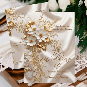 Convites Casamento Elegante Bege Branco Dourado Floral Seda