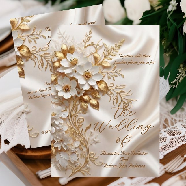 Convites Casamento Elegante Bege Branco Dourado Floral Seda (Criador carregado)