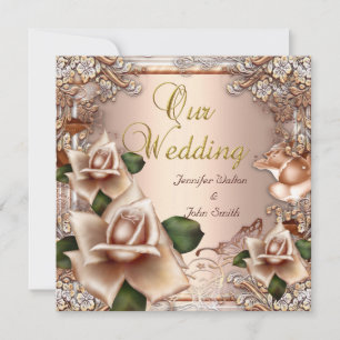 Convites Casamento Elegante Bege Creme Dourado Rosa
