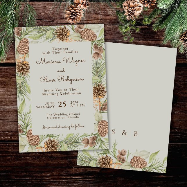 Convites Casamento Elegante Bege de Pinheiro de Inverno Mod (Criador carregado)