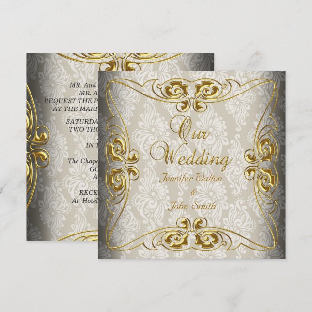 Convites Casamento Elegante Bege Dourado Damasco (Frente/Verso)