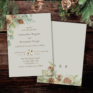 Convites Casamento Elegante Bege Pinheiro Verde Inverno