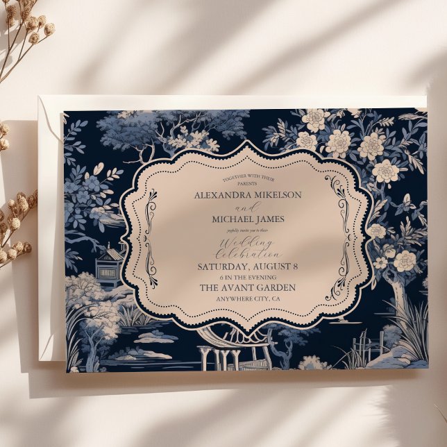 Convites Casamento Elegante Blue Toile De Jouy (Criador carregado)