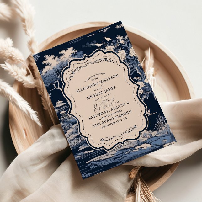 Convites Casamento Elegante Blue Toile De Jouy (Criador carregado)