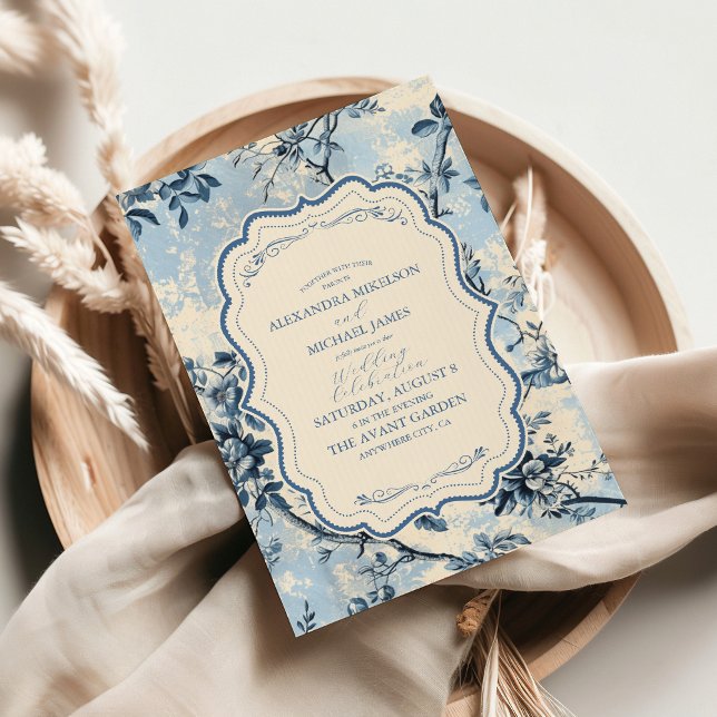 Convites Casamento Elegante Blue Toile De Jouy (Criador carregado)